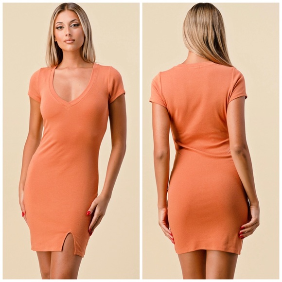 🆕V Neckline knit dress in sienna orange - Picture 3 of 5
